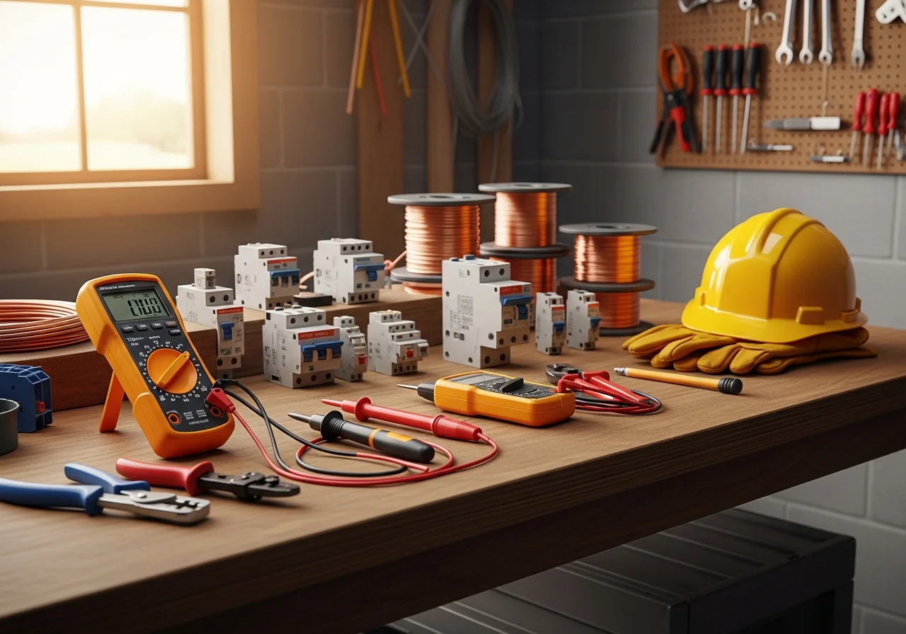 Electrical tools and equipment arranged on a workbench, representing the skilled trades and service readiness of a professional electrical contractor.