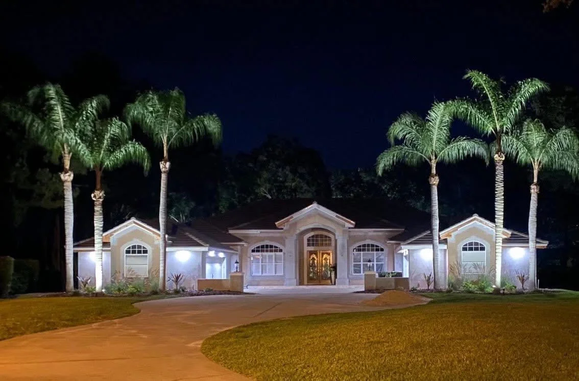 Residential home exterior lit with uplighting on white stucco facade, illuminated palm trees, and driveway accent lighting at night