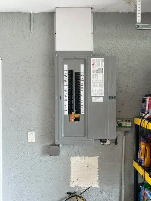 Gray electrical panel with circuit breakers mounted on concrete block wall