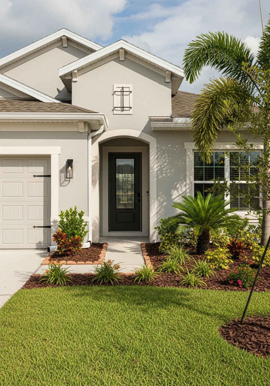 A modern home in a Pasco County master-planned community with landscaping and driveway.