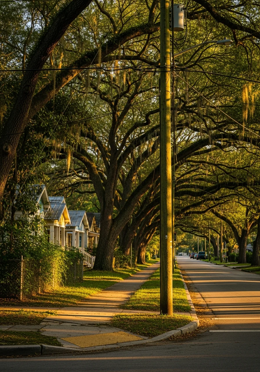 A residential street in a Pinellas County neighborhood with mature trees and established homes.