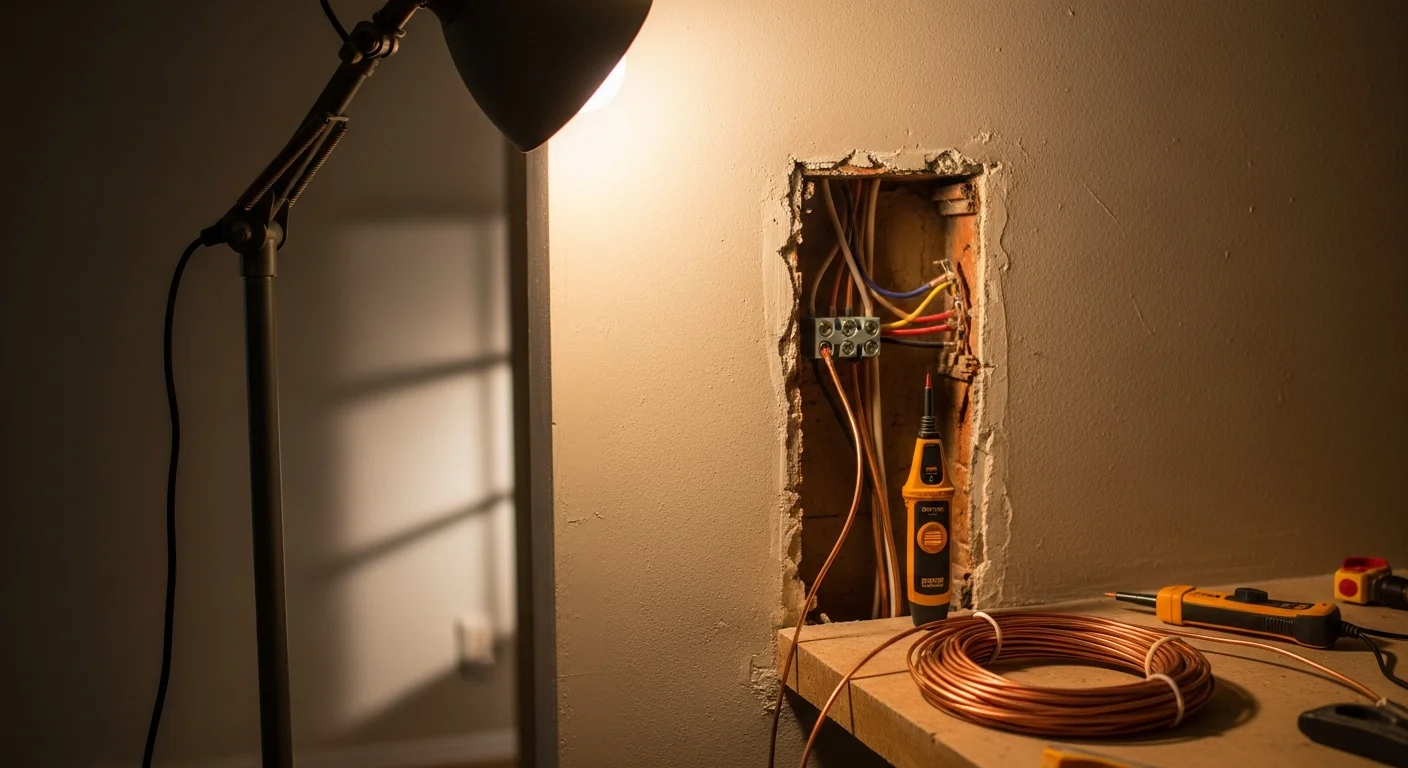A licensed electrician from Sutherland Electric inspecting aluminum branch circuit wiring at an electrical panel inside a Pinellas County home built in the 1960s. Close-up view shows silver-colored aluminum wire conductors at connection points being evaluated for remediation.