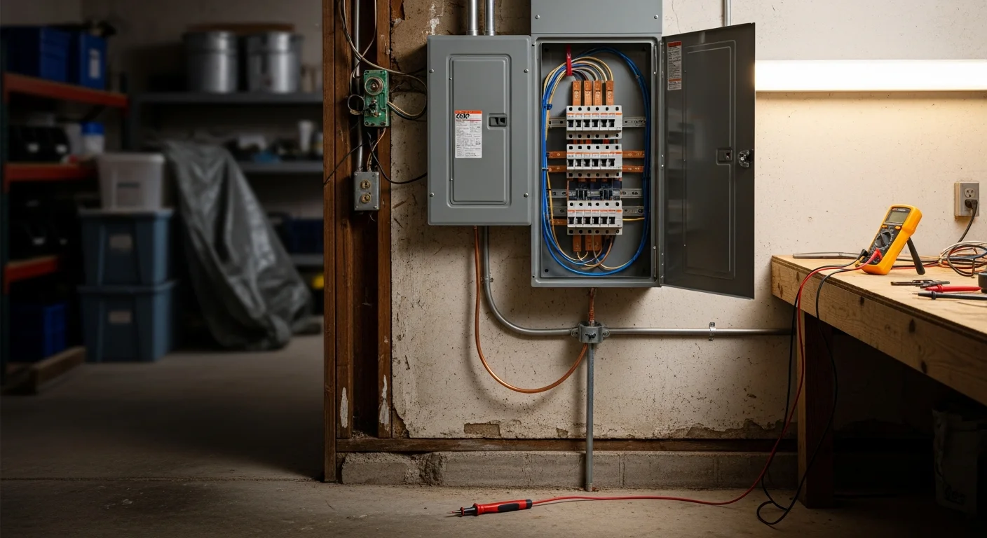 A licensed electrician from Sutherland Electric installing a new residential electrical panel in a Pinellas County home. The upgraded breaker box is mounted on an interior wall with neatly organized wiring and labeled circuit breakers.