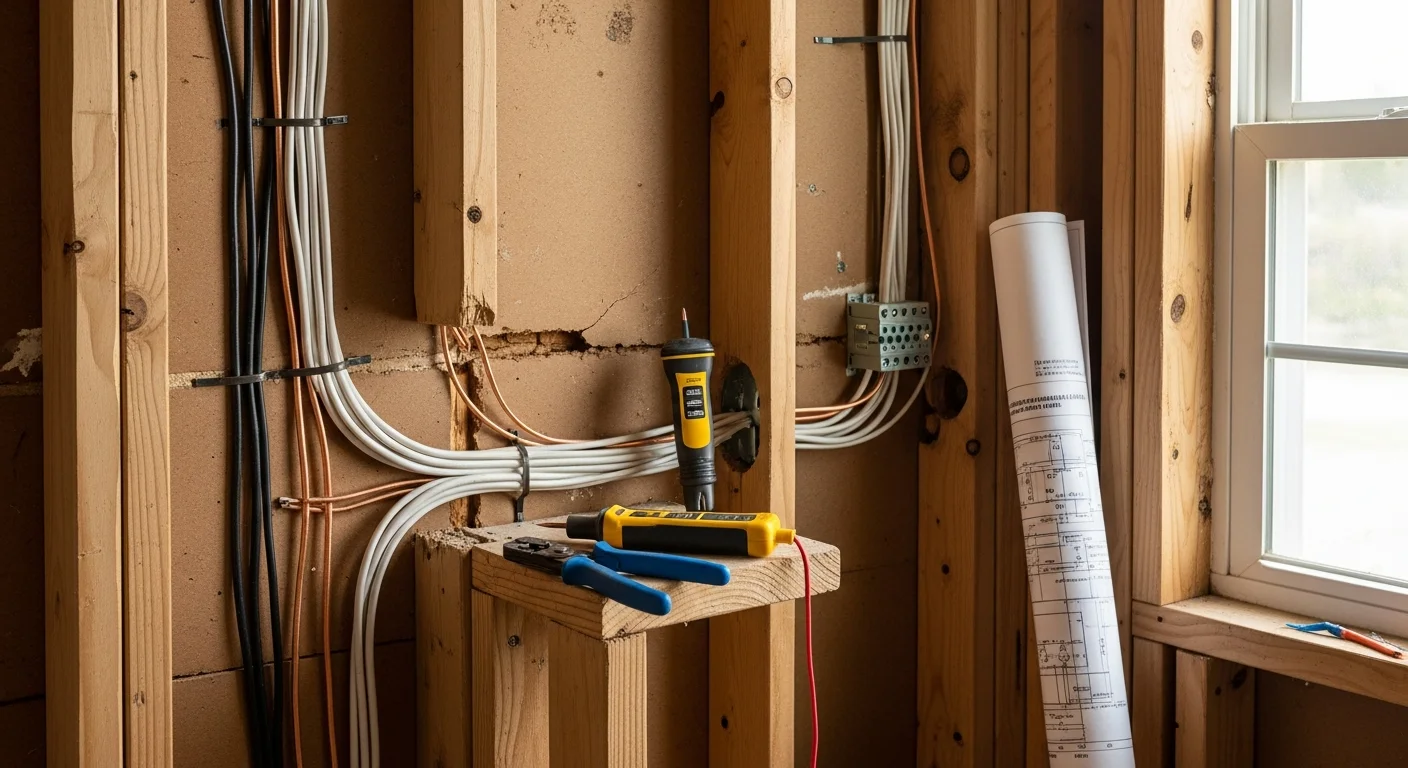 A licensed electrician from Sutherland Electric replacing old aluminum wiring with new copper circuits inside the wall cavity of a mid-century home in Pinellas County, Florida. The image shows exposed wall framing, new wiring runs, and a partially upgraded electrical panel.