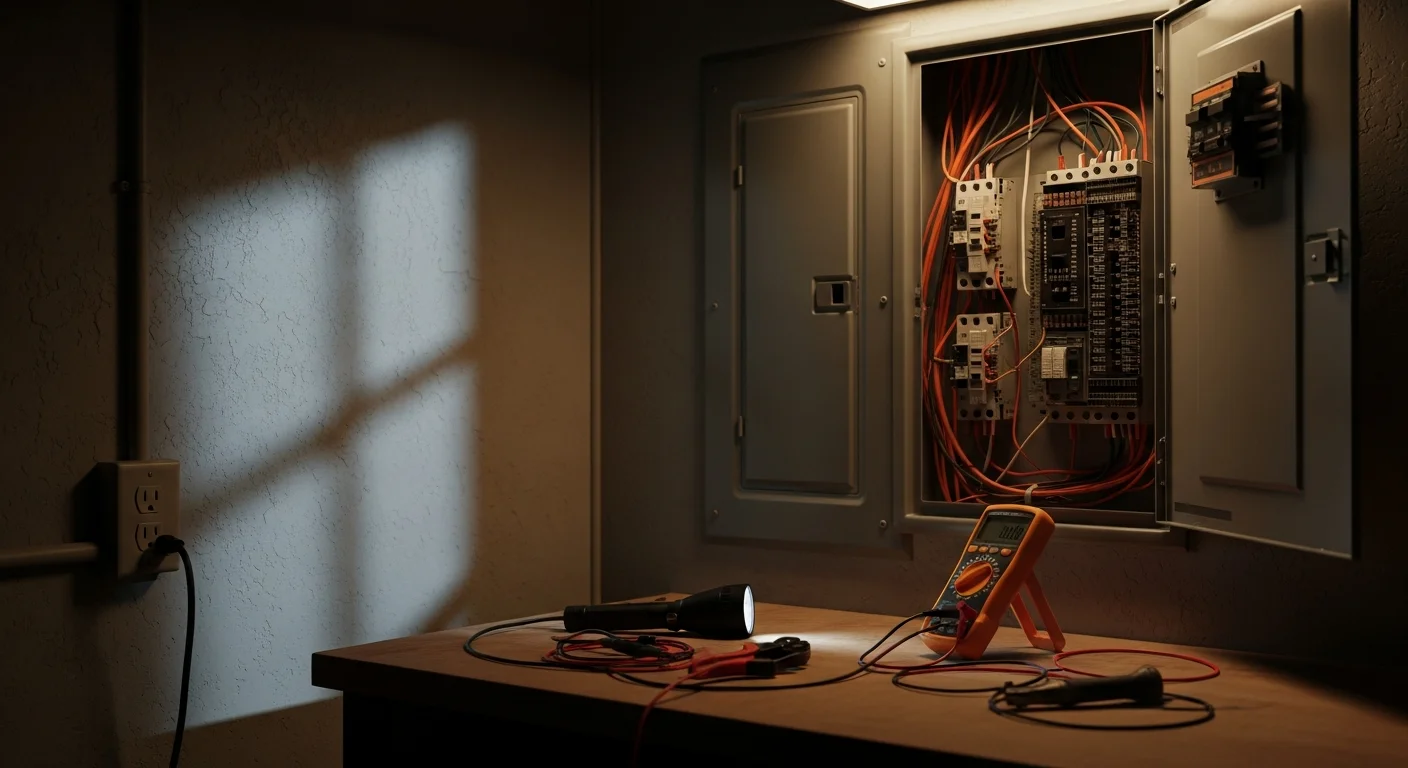 A licensed electrician from Sutherland Electric inspecting an open electrical panel inside a Pinellas County home. The panel shows labeled circuit breakers and visible wiring consistent with a mid-century Florida residential property.
