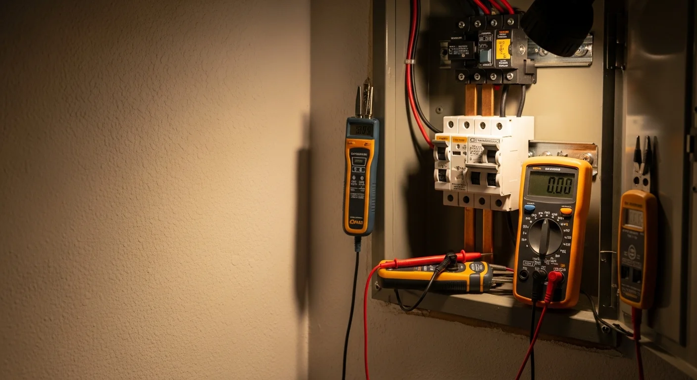 A licensed electrician from Sutherland Electric inspecting an open residential electrical panel inside a Pinellas County home. The panel shows labeled circuit breakers and the electrician is using a diagnostic tool to trace a fault.