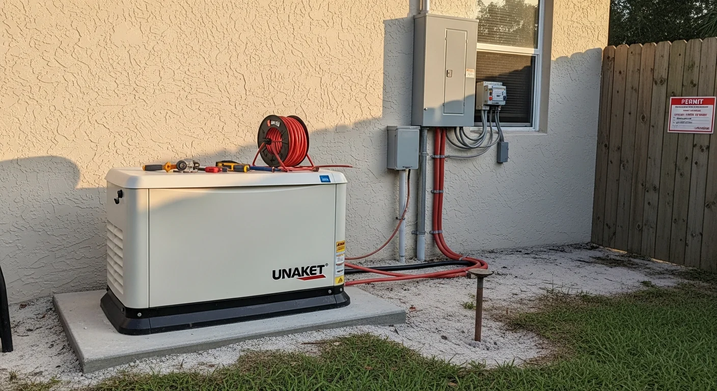 A licensed electrician from Sutherland Electric connects a standby generator to a residential electrical panel at a single-family home in Pinellas County, Florida. The generator is mounted on a concrete pad beside the home with proper grounding and weatherproof wiring in place.