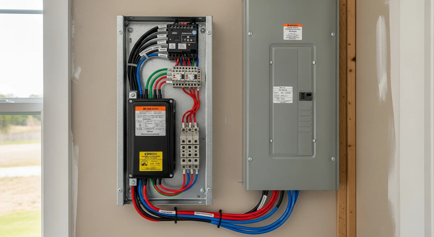 A licensed electrician from Sutherland Electric wiring a generator transfer switch into a residential electrical panel in Pinellas County, Florida. The panel is open and the transfer switch is mounted beside it on an interior utility wall.