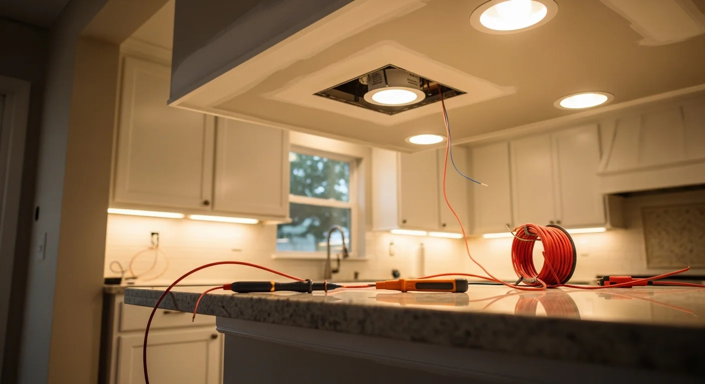 A Pinellas County living room with newly installed recessed ceiling lights and a dimmer switch, showing clean fixture placement and even light distribution across the room. A licensed electrician from Sutherland Electric completes a final check on the wiring connections above the ceiling.