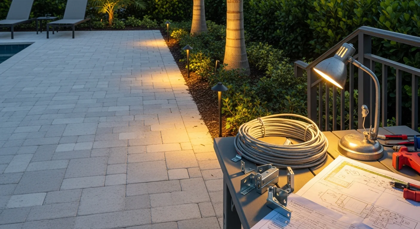 A Pinellas County residential property at dusk with professionally installed landscape lighting illuminating palm trees, a stone pathway, and the home's front facade. Warm-toned fixtures cast even light across the yard without visible glare or dark spots.