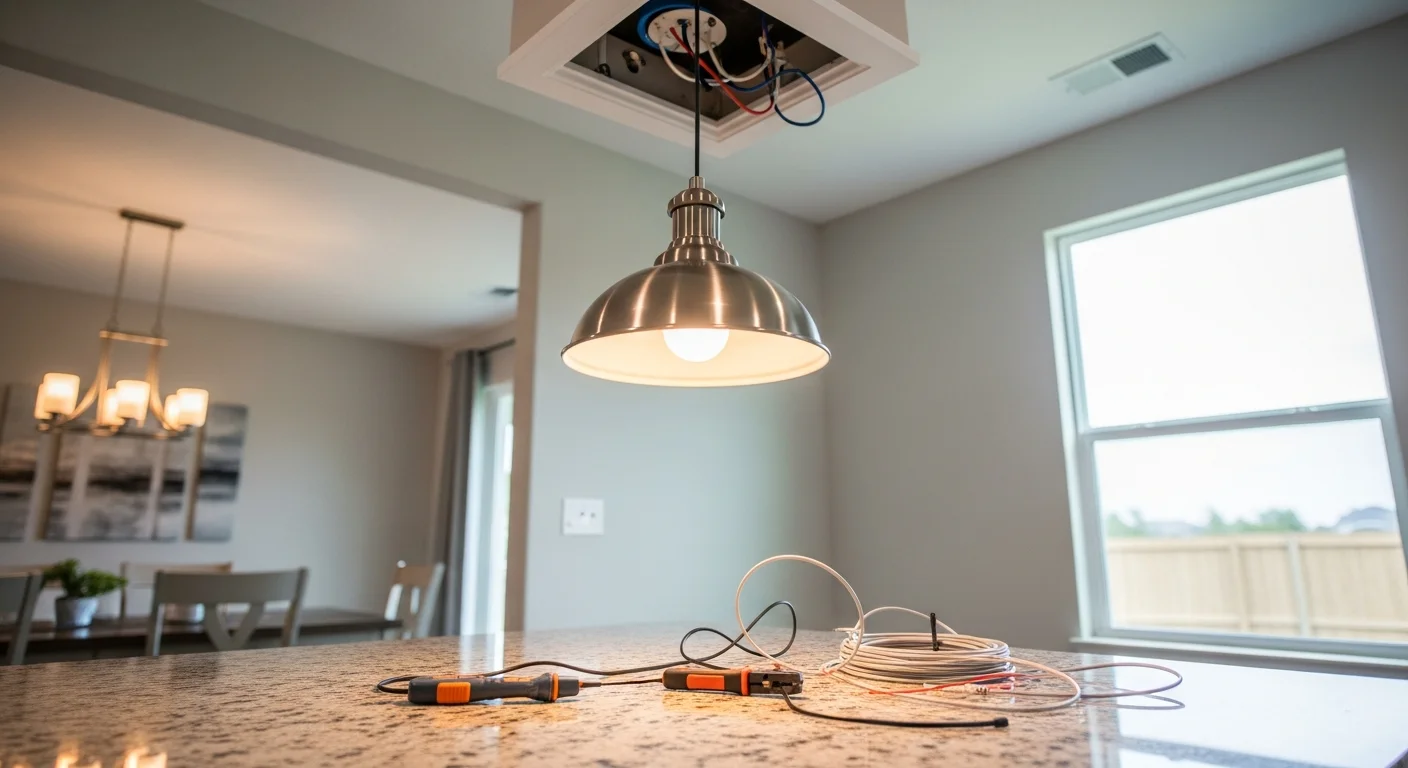 A licensed electrician from Sutherland Electric installing a new ceiling light fixture in a Pinellas County home. The old fixture has been removed and the electrician is connecting wiring at the junction box before mounting the new unit.