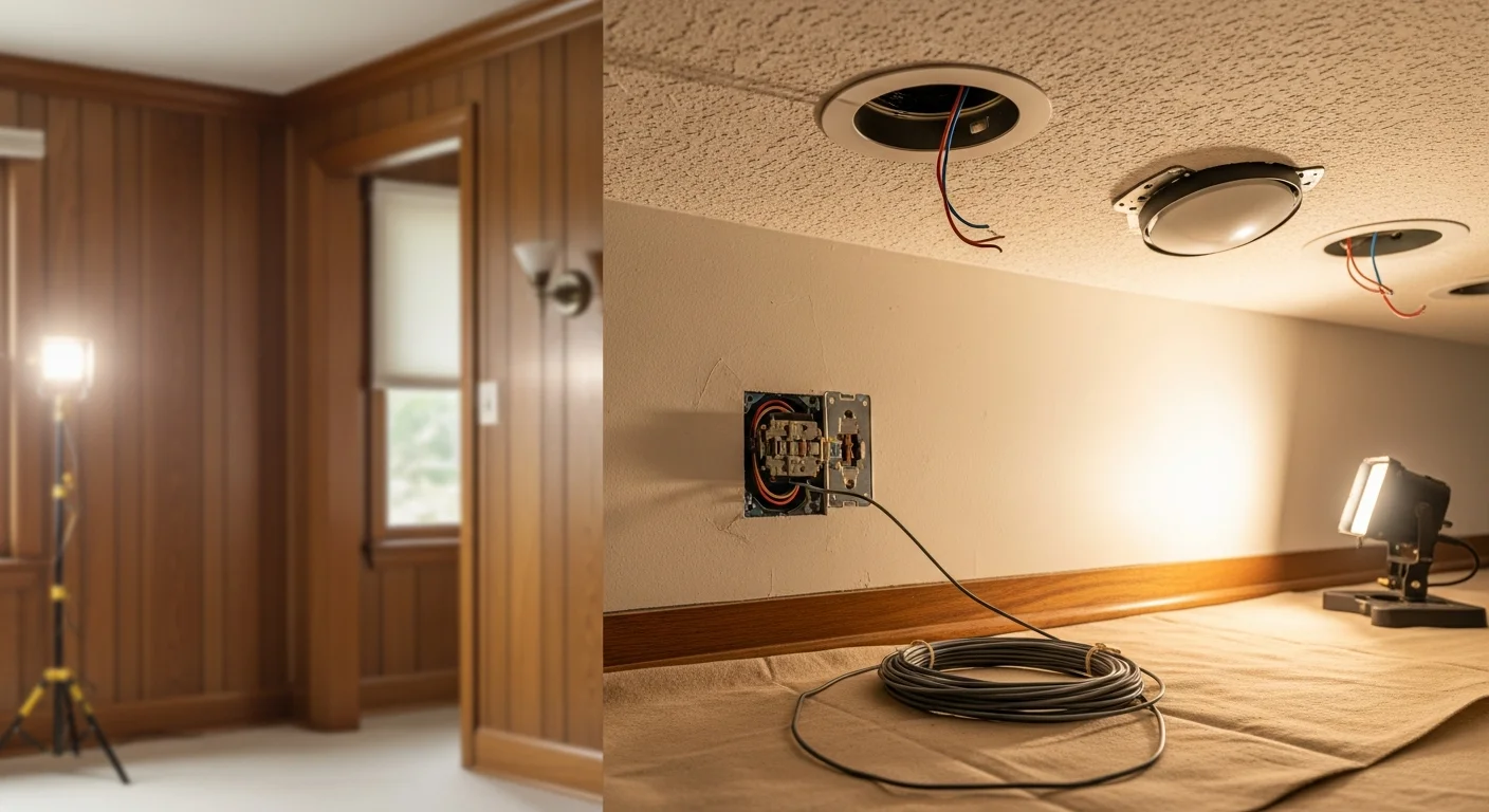 A licensed electrician from Sutherland Electric installing recessed LED lighting in the ceiling of a residential home in Pinellas County, Florida. The finished room shows evenly spaced fixtures with clean trim rings against a white ceiling.