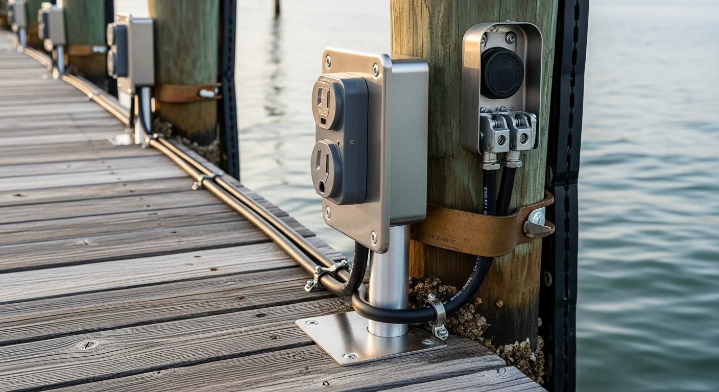 A licensed electrician from Sutherland Electric inspecting a marine-grade electrical panel and shore power connection at a waterfront dock in Pinellas County, Florida. Corrosion-resistant conduit and sealed wiring connectors are visible along the dock structure.