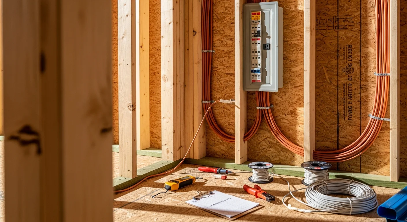 A licensed electrician from Sutherland Electric installing branch circuit wiring in the open-framed walls of a new construction home in Pinellas County, Florida. Electrical panels and conduit runs are visible in the unfinished interior during the rough-in stage.