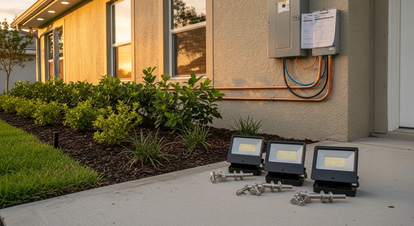 A licensed electrician from Sutherland Electric installing weatherproof outdoor pathway lighting along the front walkway of a residential home in Pinellas County, Florida. Finished fixtures are mounted and wired along a landscaped driveway at dusk.