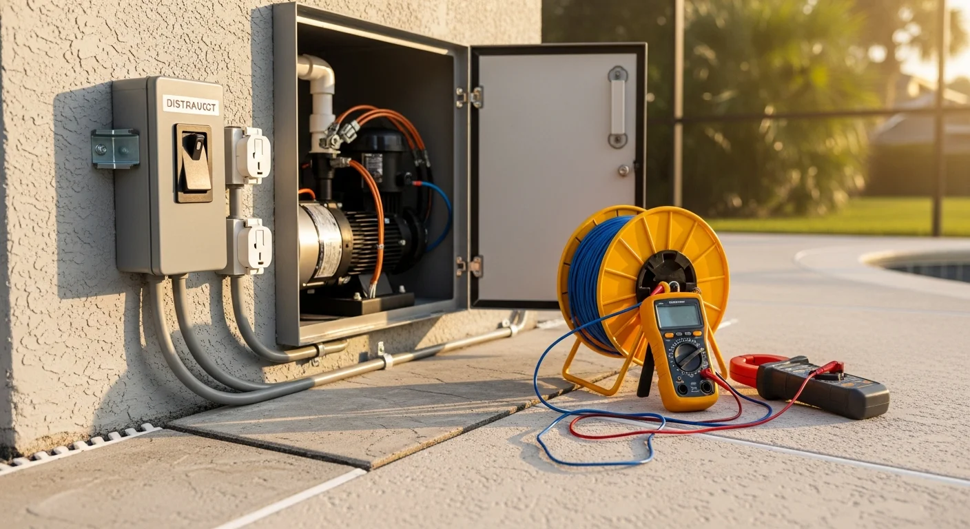 A licensed electrician installing a GFCI breaker panel and conduit for a residential pool and spa in Pinellas County, Florida. The pool deck and pump equipment pad are visible in the background.