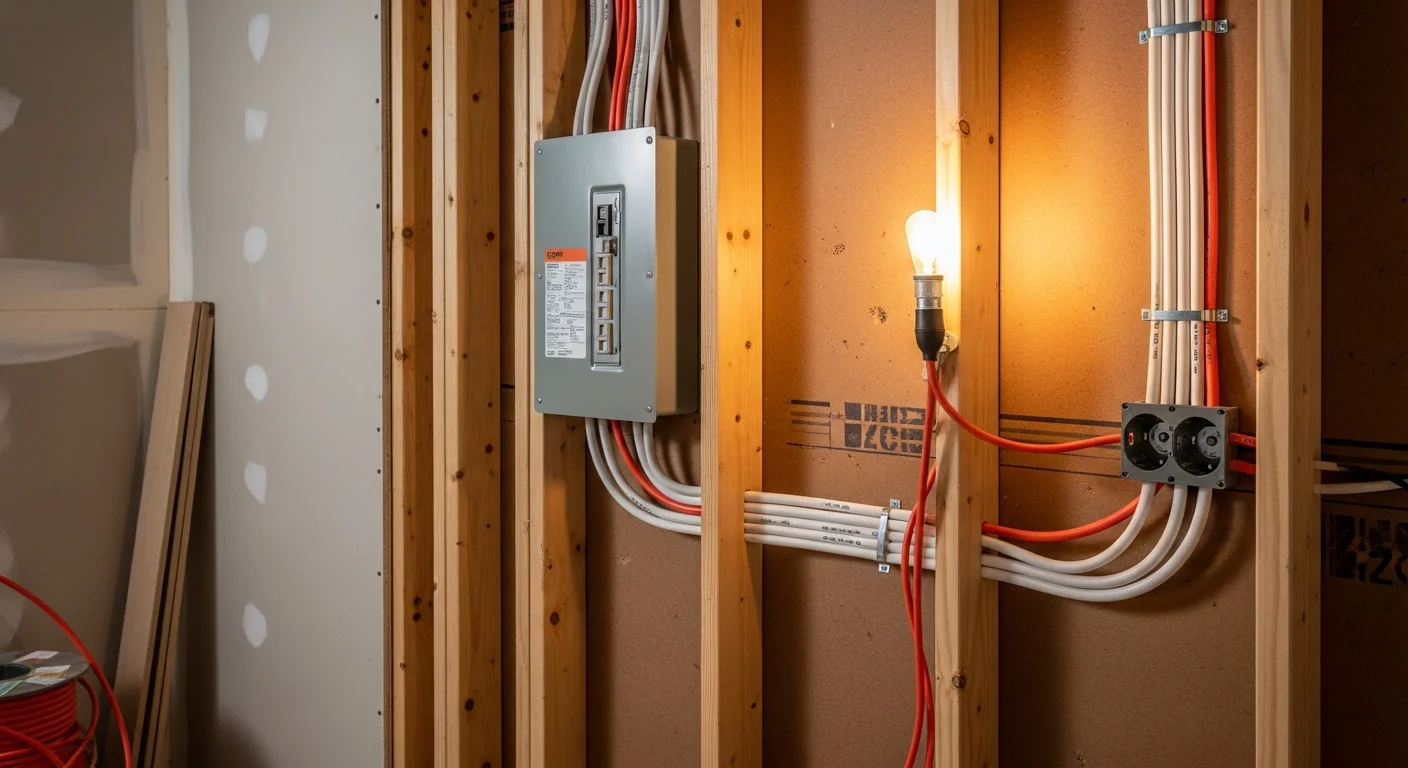 A licensed electrician running new wiring through open wall studs inside a Pinellas County home during a kitchen remodel. Electrical boxes and circuit runs are visible before drywall installation.