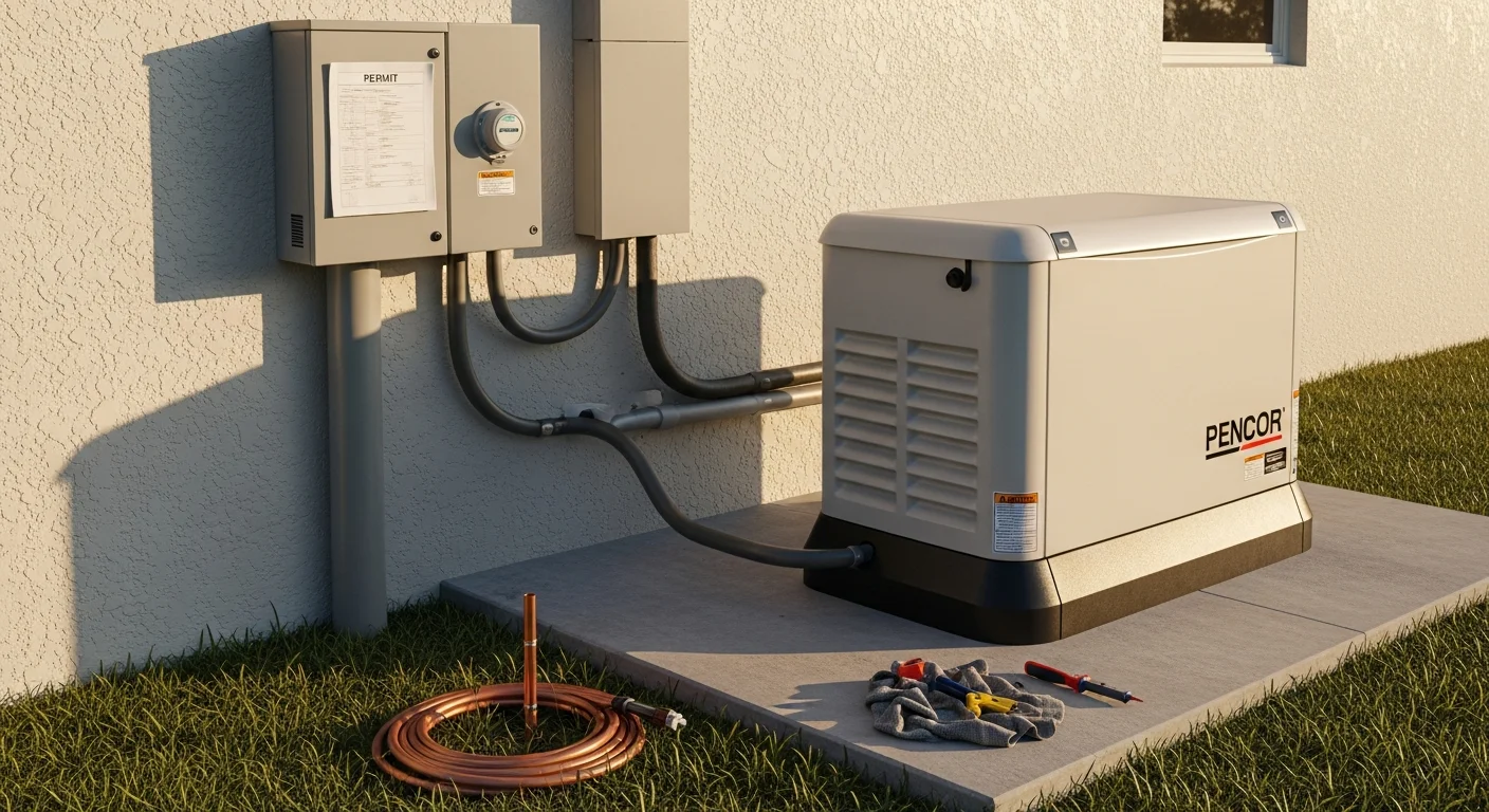 A permanently installed standby generator mounted on a concrete pad beside a single-family home in Pinellas County, Florida, with electrical conduit running to the main panel. The automatic transfer switch is visible on the exterior wall next to the utility meter.