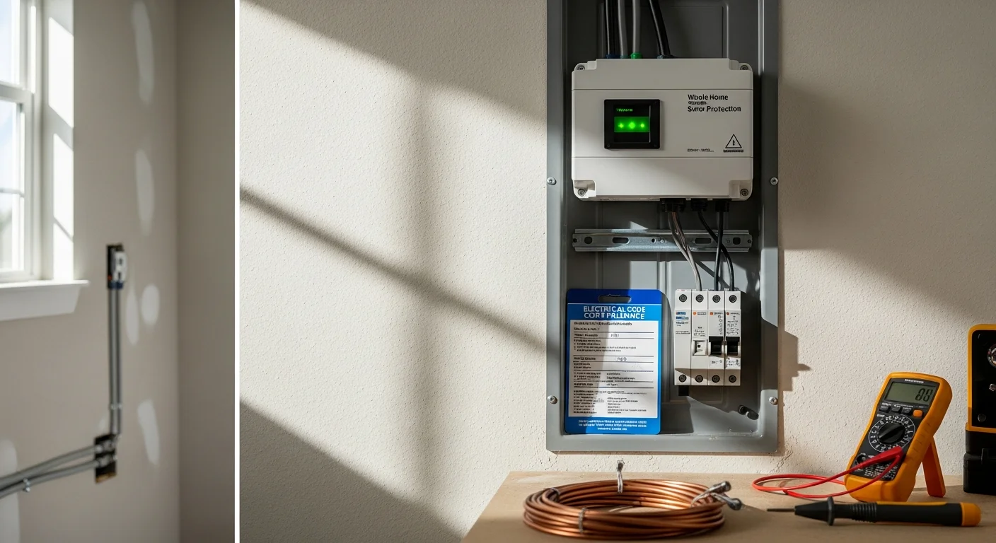 A licensed electrician installs a whole-home surge protection device at a residential electrical panel in Pinellas County, Florida. The panel is mounted on an interior wall with clearly labeled breakers and a newly wired surge protection unit connected at the main service entry.